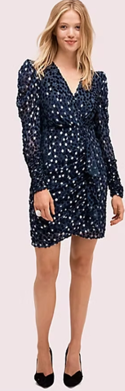 Kate Spade Scatter Dot Faux Wrap Dress 6 Navy Silver Ruffle Velvet Long Sleeve